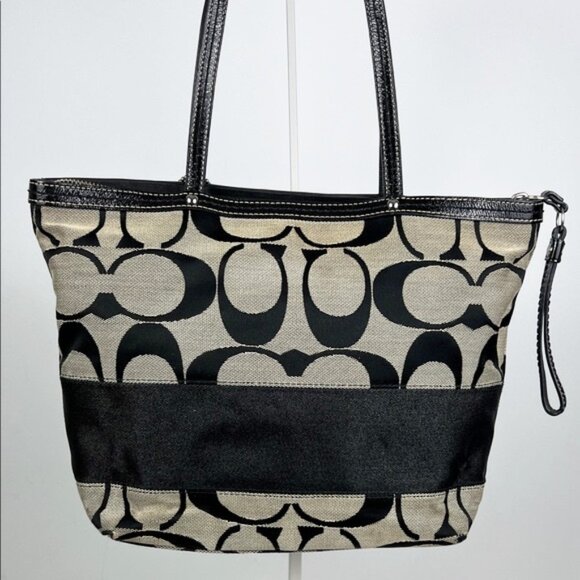 Coach Signature Monogram Stripe Patent Leather Tote Shoulder Bag F13548 - Picture 7 of 16